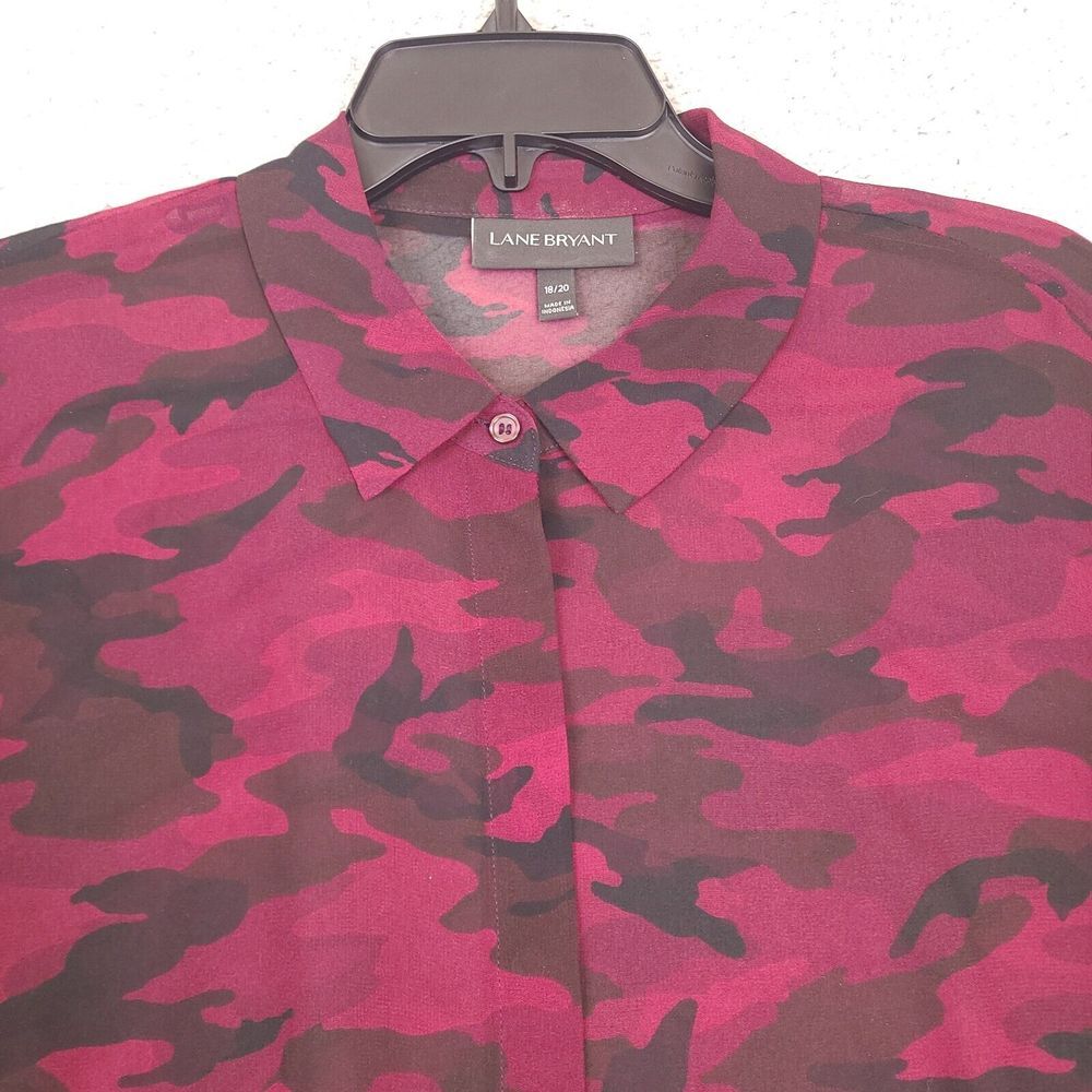 Lane Bryant Shirt Womens Size‎ 18 / 20 Red Burgundy Black Camo Sheer Button Down